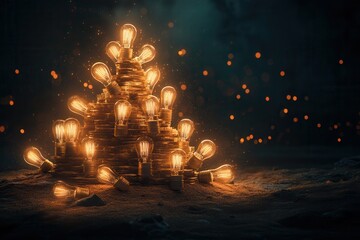 Poster - A glowing pyramid of vintage light bulbs creates a warm, enchanting atmosphere against a dark backdrop.