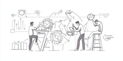 Aufkleber - A sketch of people working collaboratively on a global project, featuring gears, charts, and tools, symbolizing innovation and teamwork.