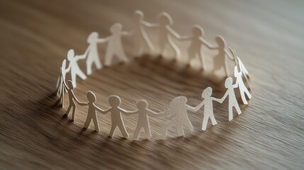 Poster - A circular chain of paper cut-out figures holding hands, symbolizing unity, community, and connection on a wooden surface.