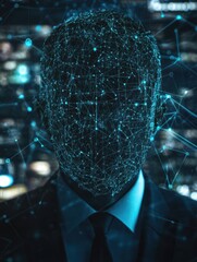 Poster - Hacker collects data about business people through neural networks. Web safety and cyberspace concept