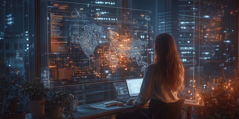 Fototapete - A person gazes out at a vibrant cityscape, illuminated by digital data, while working on a computer in a modern office environment.