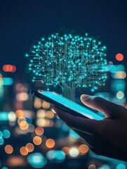 Poster - Hand holding smartphone with abstract circuit tree on blurry night city background. Artificial intelligence and network concept.