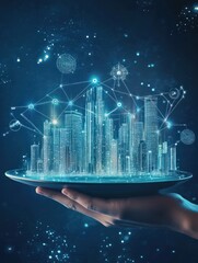 Poster - Hand holding tray with creative city sketch and 5G internet connections. Communication and network concept.