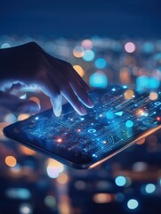 Poster - Hand using pad with abstract 5G interface with computing icons on blurry night city background. Internet speed and ai concept. Multiexposure.