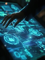 Poster - Hand using glowing digital communication and security interface on screen. Global business and communication concept.