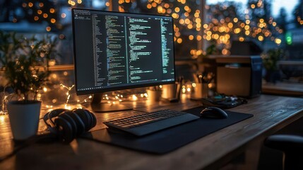 Poster - A cozy workspace featuring a monitor displaying code, surrounded by plants and soft lighting, creating a warm atmosphere for productivity.