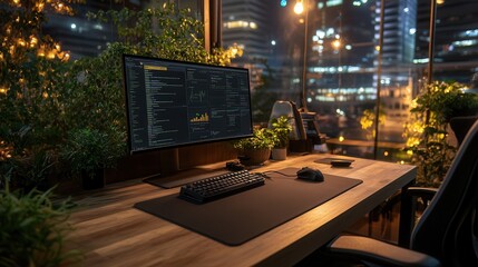 Poster - A cozy, modern workspace featuring a sleek monitor, keyboard, and plants, illuminated by city lights in the evening.