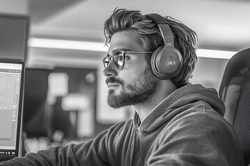 Poster - A focused individual wearing headphones and glasses, working intently at a computer in a modern office environment.