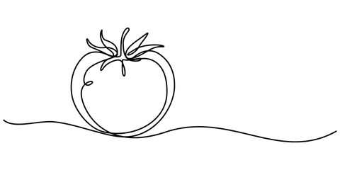 Poster - Tomato in continuous line art drawing style. Ripe tomato fruit black linear sketch isolated on white background. Vector illustration, Abstract red shaped tomato. single line tomato icon, Single one. 