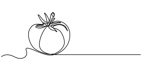 Poster - Tomato in continuous line art drawing style. Ripe tomato fruit black linear sketch isolated on white background. Vector illustration, Abstract red shaped tomato. single line tomato icon, Single one. 