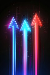 Poster - Three vibrant and bright arrows, one in striking red and two in cool blue, shine intensely upward against a dark and empty backdrop, symbolizing progress, direction, and growth in life and creativity