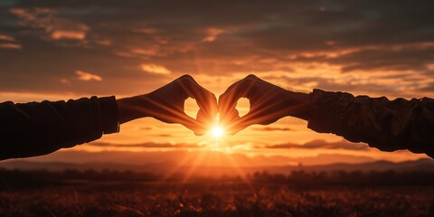 Poster - Two hands form a heart shape against a stunning sunset, symbolizing love and connection in a serene landscape.