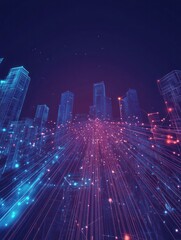 Poster - Technology city background. Building shapes, smart digital tech cityscape. Flow lines points network connect, futuristic recent vector banner