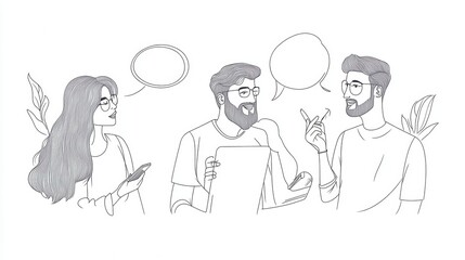 Poster - Three individuals engage in conversation, with one holding a tablet, while speech bubbles suggest dialogue. The scene combines creativity and communication.