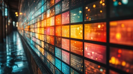A wall of glowing screens with data and information displayed on them. The screens are arranged in a grid pattern and create a sense of overwhelming information.