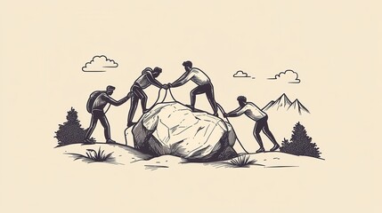 Poster - A group of people collaborates to move a large rock, symbolizing teamwork and perseverance against obstacles in a natural setting.