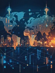 Aufkleber - world map futuristic dollar money icon interface network connection concept cityscape background flat horizontal vector illustration