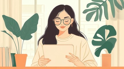 Poster - A young woman with glasses smiles while reading a document, surrounded by potted plants and natural light.