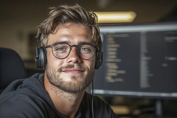 Fototapete - A young man with glasses and headphones smiles confidently at the camera, set against a blurred background of a computer screen displaying code.