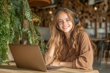 Poster - A smiling young woman with long hair wearing headphones sits at a laptop in a cozy, plant-filled cafe.