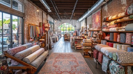 Sticker - A bustling indoor fabric market with rolls of cloth stacked high against a textured brick wall.