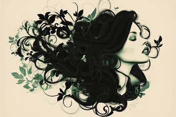 Poster - Abstract design of a woman’s hair, with strands turning into vines and leaves.