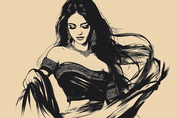 Poster - Abstract outline of an Indian woman in flowing attire, using simple black ink strokes on a beige canvas.
