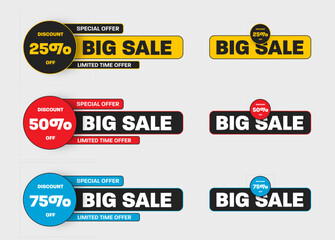 Poster - Vector geometric banner template for big sale, 25,50,75% discount, set of colorful rounded limited time offer flyers.