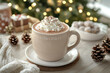© KirKam - A cup of hot chocolate with whipped cream, next to a festive Christmas tree.