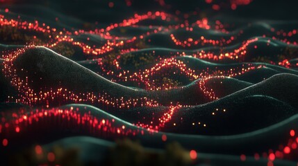 Poster - A concept for financial volatility with waves of glowing data points on a dark background.