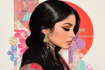 Poster - Indian woman with her hair cascading down one shoulder, reduced to clean geometric shapes