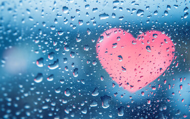 Poster - Heart-shaped condensation on glass window during a rainy day creating a romantic atmosphere