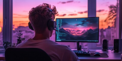 Poster - A person sits at a computer, coding while enjoying a vibrant sunset view through the window, with headphones on, creating a serene and focused atmosphere.