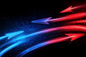 Poster - This illustration features vibrant neon red and blue arrows ascending along unique paths, symbolizing direction and momentum against a dark backdrop, creating an eyecatching effect
