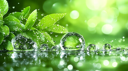 Poster - Lush green leaves with water droplets on a reflective surface