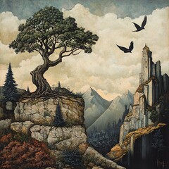 Canvas Print - Enchanted Mountaintop: Solitary Tree, Ancient Castle