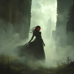 Wall Mural - Here's a 10-word description: Ghostly woman in ruined city, red