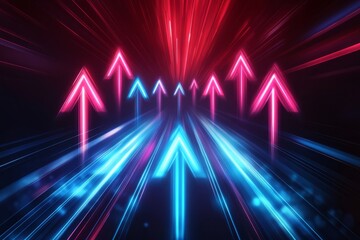 Poster - Vibrant, glowing red and bright blue arrows dazzle as they illuminate contrasting paths, symbolizing both direction and progress against a deep, dark backdrop that enhances their brilliance
