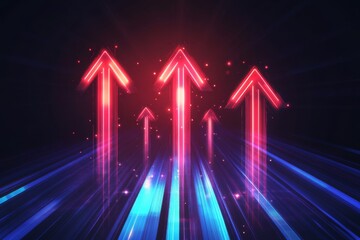 Poster - Bright red and blue arrows, radiating a vibrant and luminous glow, symbolize upward movement along contrasting paths, all set against a dark backdrop that enhances their vividness and impact