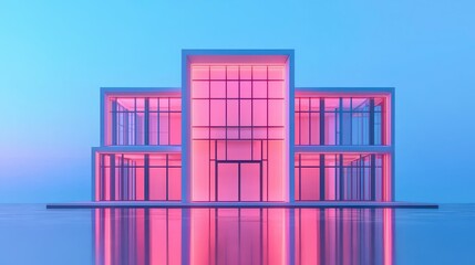 Poster - A modern architectural structure with vibrant pink lighting, reflecting beautifully on water under a serene blue sky.