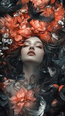 Poster - Surreal Woman Portrait: Dark Flowers and Birds