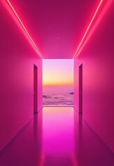 Aufkleber - Futuristic hallway with pink neon lights and sunset backdrop
