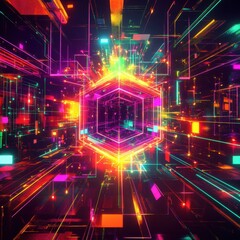 Poster - An abstract neon tunnel of light and color, showcasing futuristic geometric patterns and digital elements.