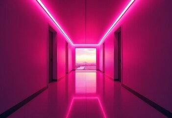 Aufkleber - Futuristic hallway with pink neon lights and sunset backdrop