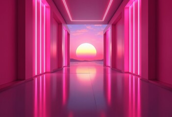 Aufkleber - Futuristic hallway with pink neon lights and sunset backdrop