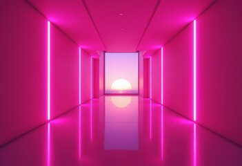 Aufkleber - Futuristic hallway with pink neon lights and sunset backdrop