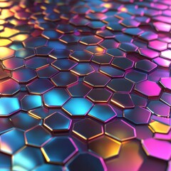 Poster - A vibrant, colorful honeycomb pattern in metallic hues, creating a futuristic and dynamic visual effect.