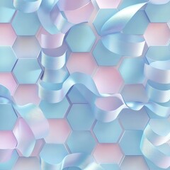 Poster - An abstract pattern featuring pastel blue and pink hexagons intertwined with flowing satin ribbons.