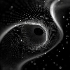 Poster - An abstract black and white image depicting a swirling vortex of dots and light effects.