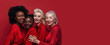 © FoxTok - Group portrait of middle-aged women, elderly beautiful ladies of different nationalities, cultures on red background. Mature women models with different skin and hair colors. Beauty concept